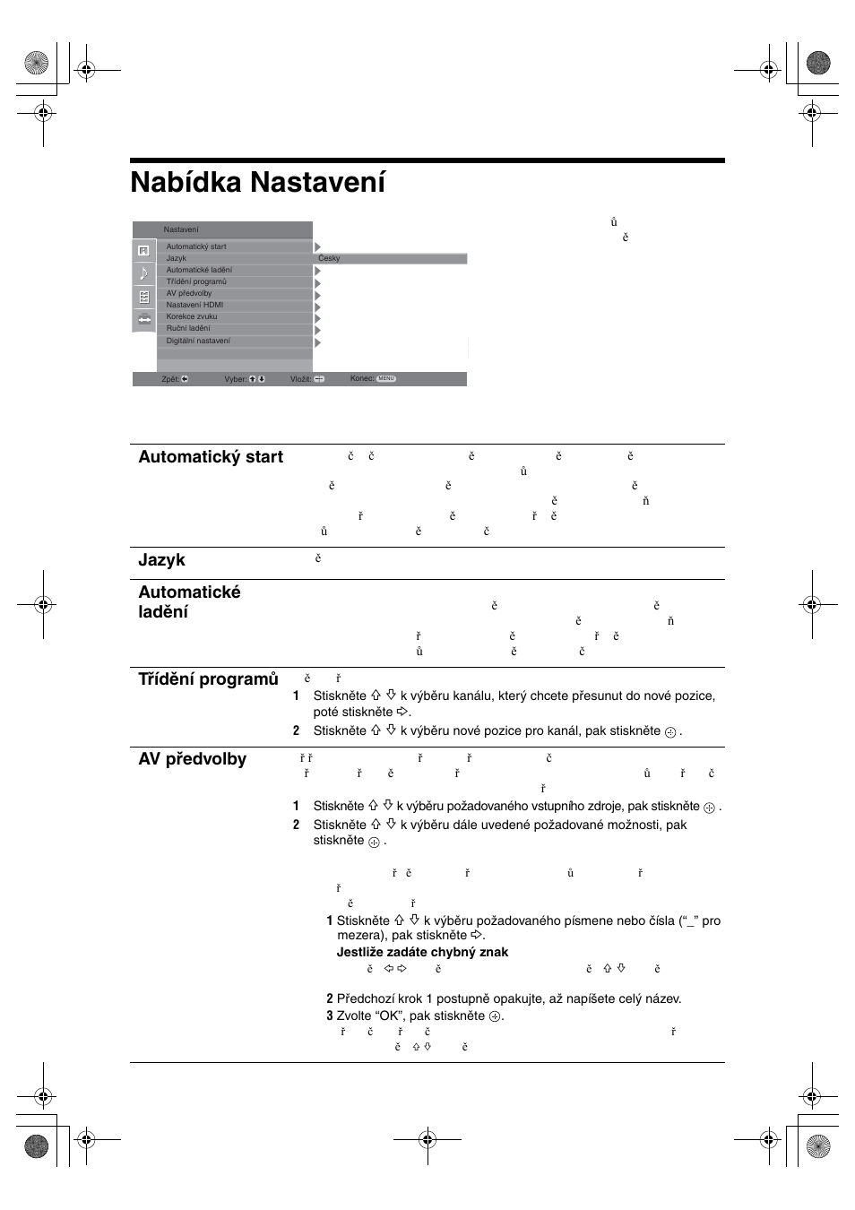 Nabídka nastavení, Automatický start, Jazyk | Automatické ladění, Třídění programů, Av předvolby | Sony BRAVIA KDL-32D28xx User Manual | Page 122 / 194