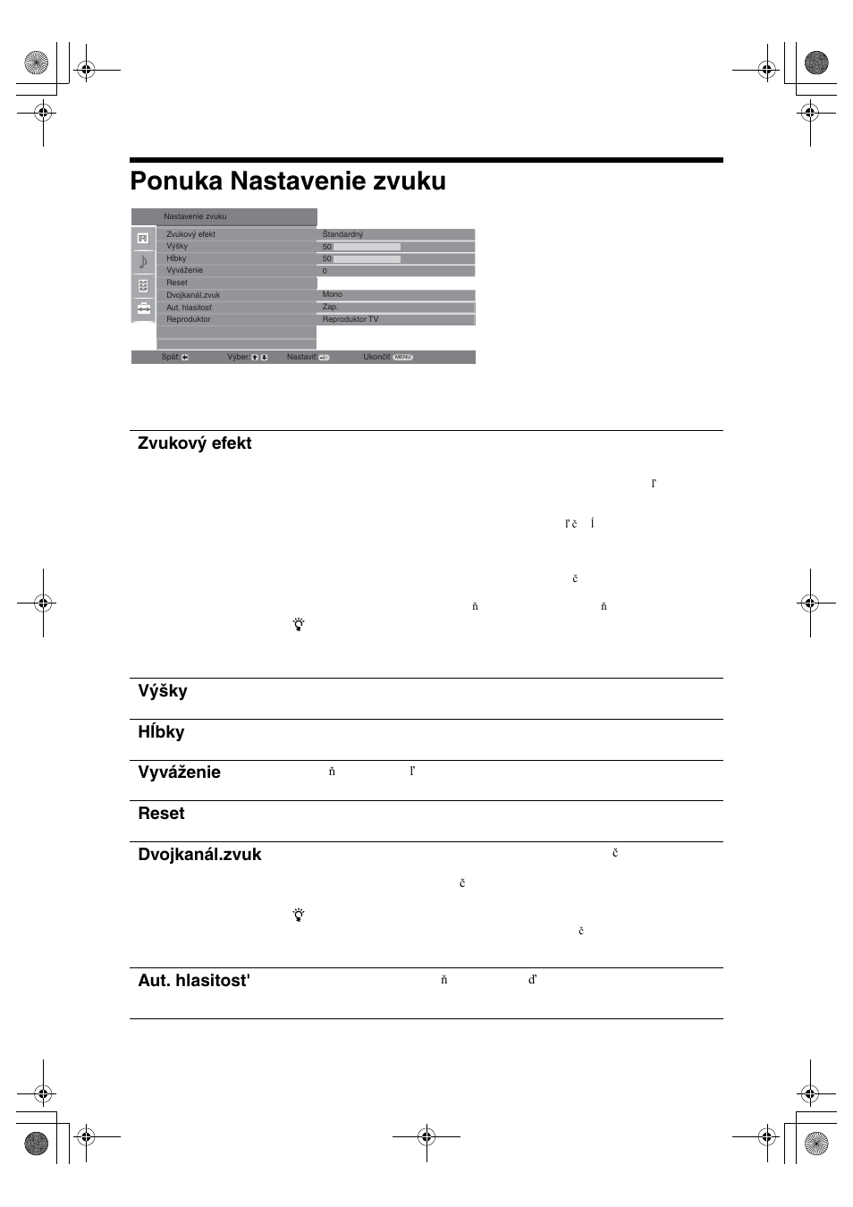 Ponuka nastavenie zvuku, Zvukový efekt, Výšky | Hĺbky, Vyváženie, Reset, Dvojkanál.zvuk, Aut. hlasitost | Sony BRAVIA KDL-32D28xx User Manual | Page 150 / 194
