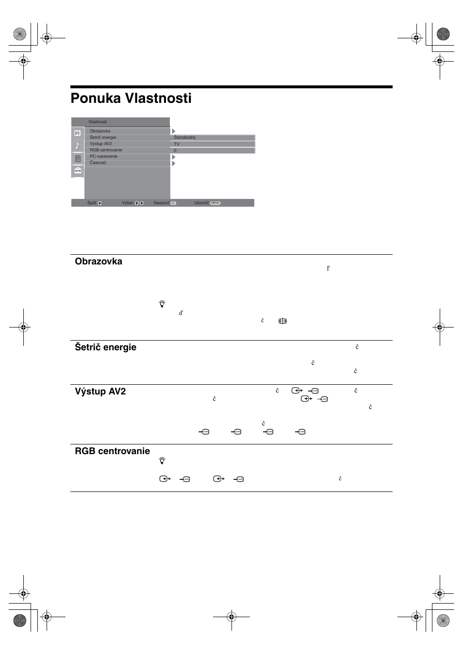 Ponuka vlastnosti, Obrazovka, Šetrič energie | Výstup av2, Rgb centrovanie | Sony BRAVIA KDL-32D28xx User Manual | Page 152 / 194