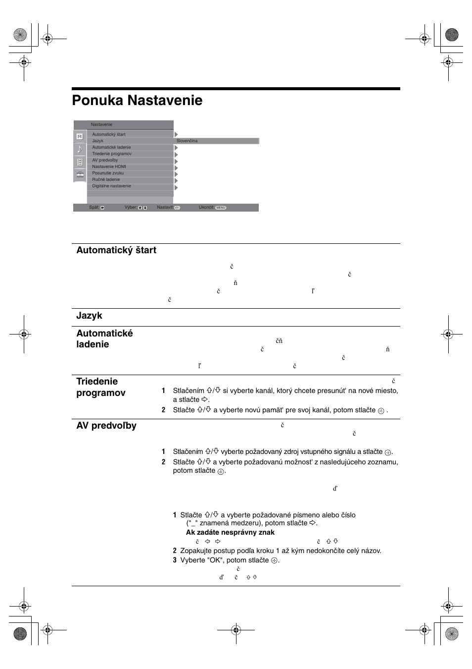 Ponuka nastavenie, Automatický štart, Jazyk | Automatické ladenie, Triedenie programov, Av predvoľby | Sony BRAVIA KDL-32D28xx User Manual | Page 154 / 194