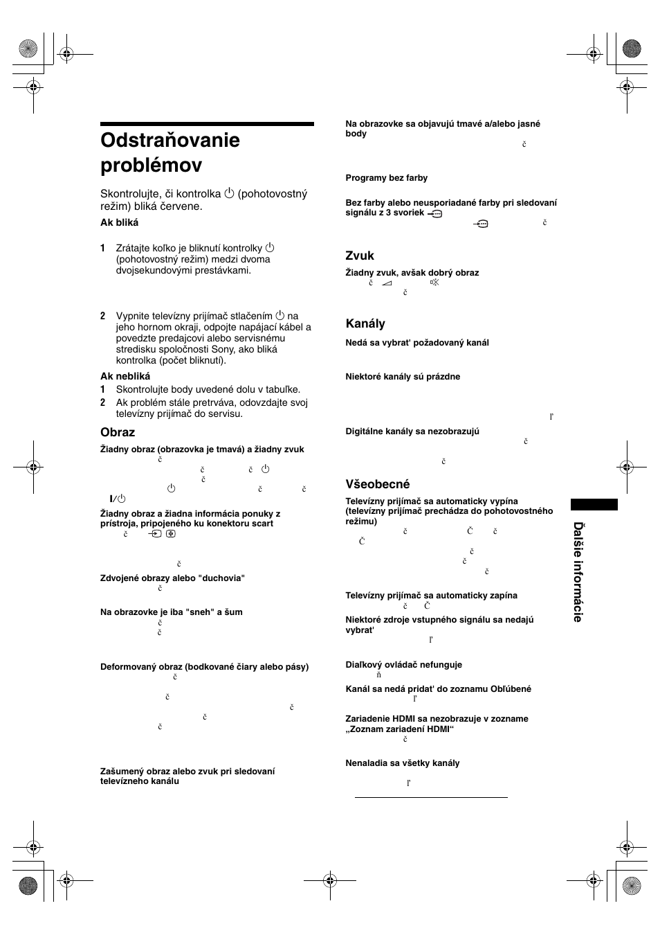 Odstraňovanie problémov, Ďalšie informácie, Obraz | Zvuk, Kanály, Všeobecné | Sony BRAVIA KDL-32D28xx User Manual | Page 161 / 194