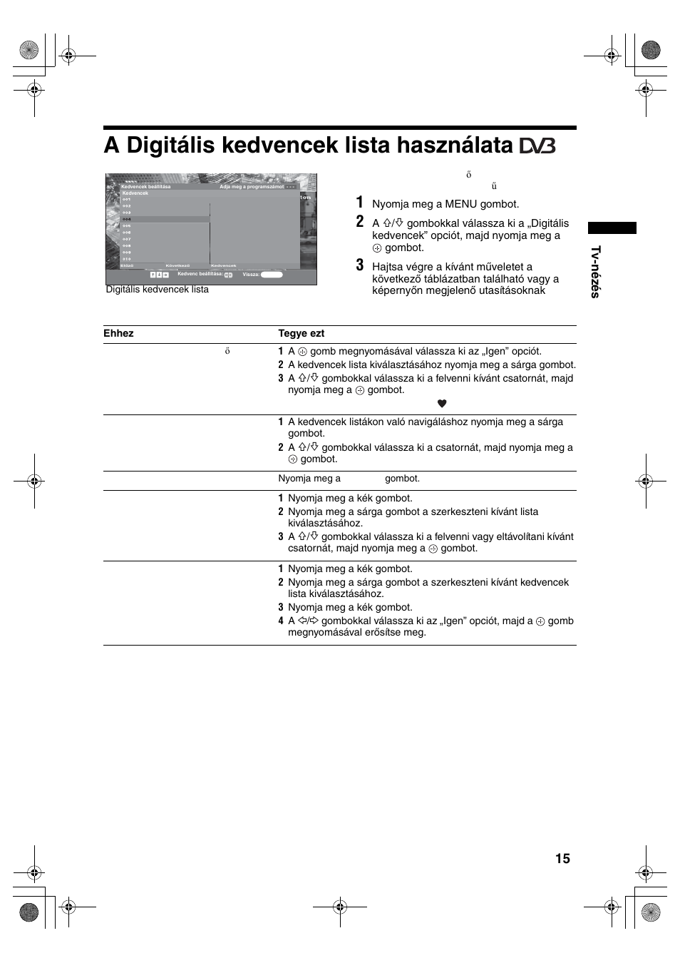 A digitális kedvencek lista használata, Tv-nézés, Nyomja meg a menu gombot | Sony BRAVIA KDL-32D28xx User Manual | Page 175 / 194
