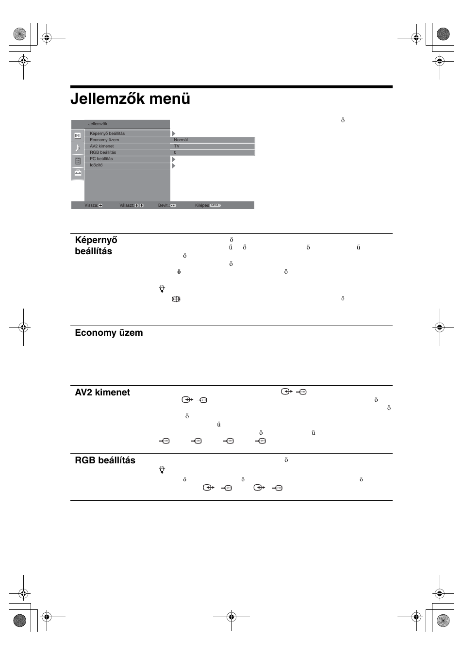 Jellemzők menü, Képernyő beállítás, Economy üzem | Av2 kimenet, Rgb beállítás | Sony BRAVIA KDL-32D28xx User Manual | Page 184 / 194