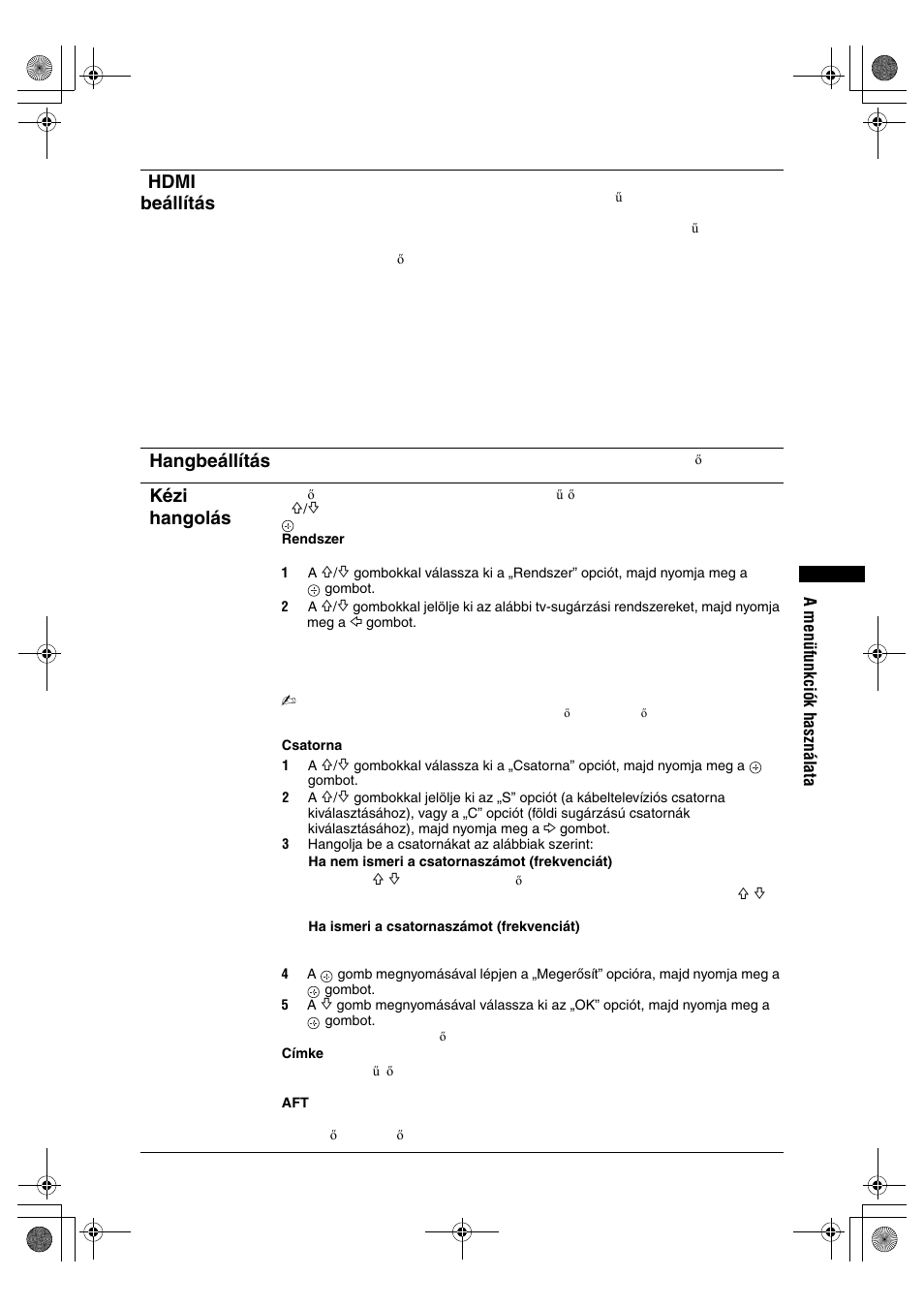 Hdmi beállítás, Hangbeállítás, Kézi hangolás | Sony BRAVIA KDL-32D28xx User Manual | Page 187 / 194