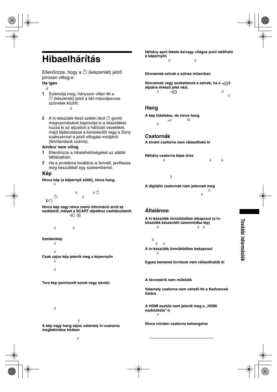 Hibaelhárítás, További információk, Hang | Csatornák, Általános | Sony BRAVIA KDL-32D28xx User Manual | Page 193 / 194