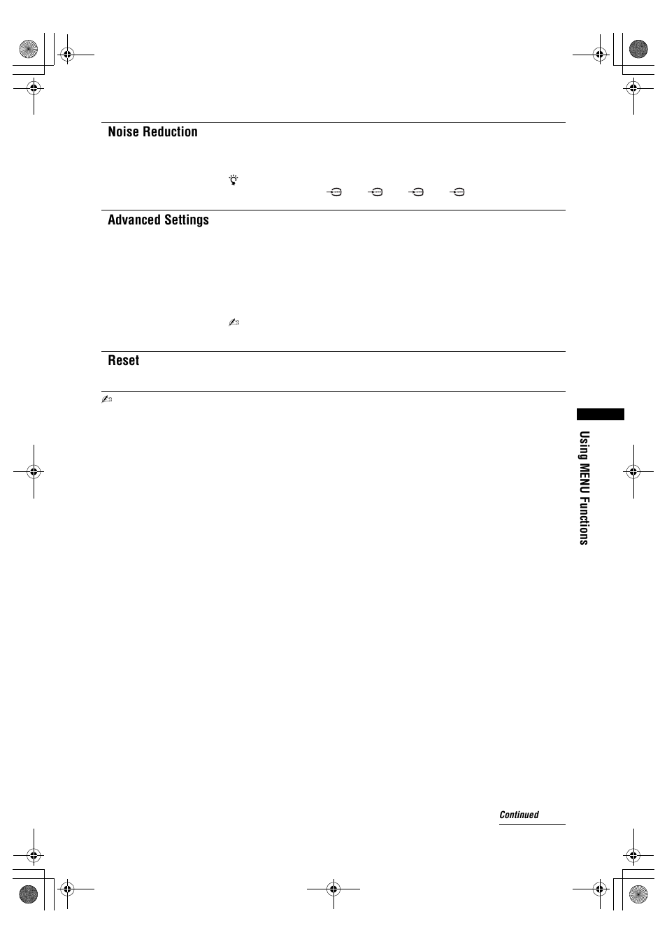 Noise reduction, Advanced settings, Reset | Sony BRAVIA KDL-32D28xx User Manual | Page 21 / 194