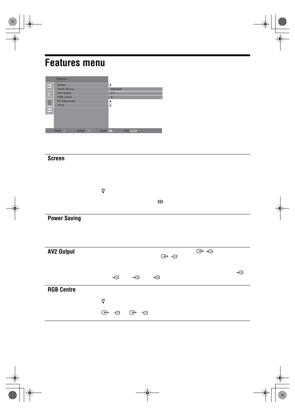 Features menu, Screen, Power saving | Av2 output, Rgb centre | Sony BRAVIA KDL-32D28xx User Manual | Page 24 / 194