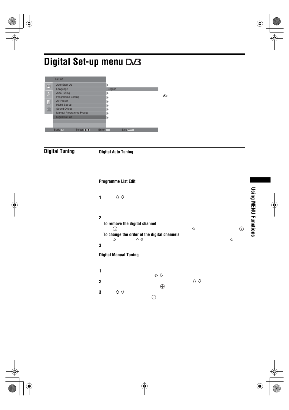 Digital set-up menu, Using menu functions, Digital tuning | Sony BRAVIA KDL-32D28xx User Manual | Page 29 / 194