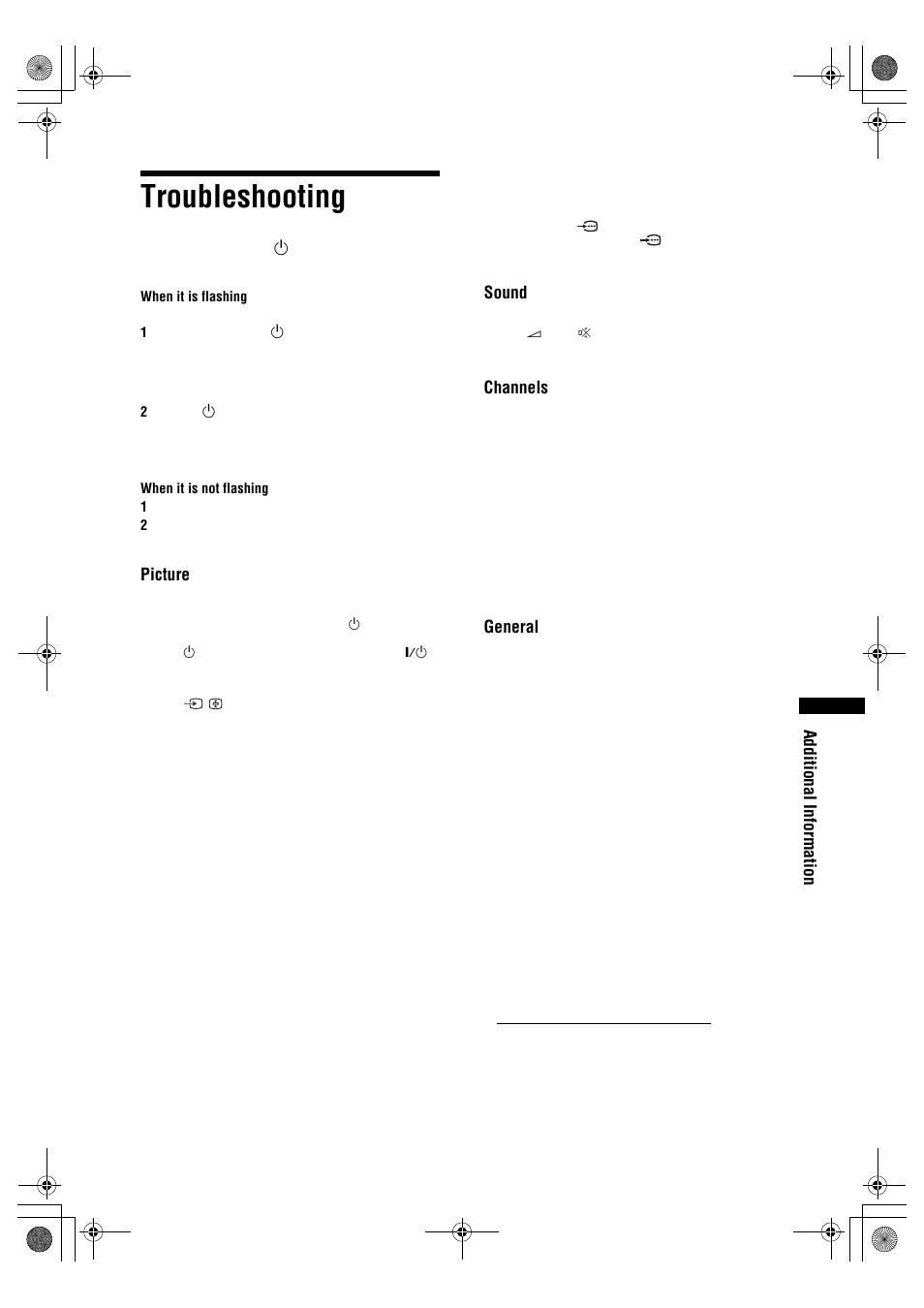 Troubleshooting, Additional information, Picture | Sound, Channels, General | Sony BRAVIA KDL-32D28xx User Manual | Page 33 / 194
