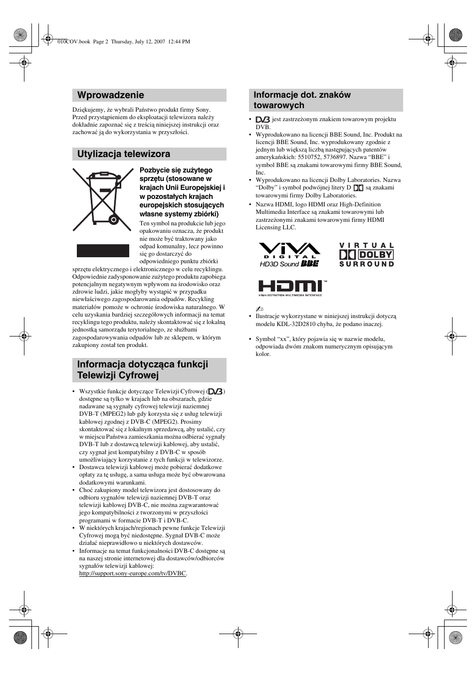 Informacje dot. znaków towarowych | Sony BRAVIA KDL-32D28xx User Manual | Page 66 / 194