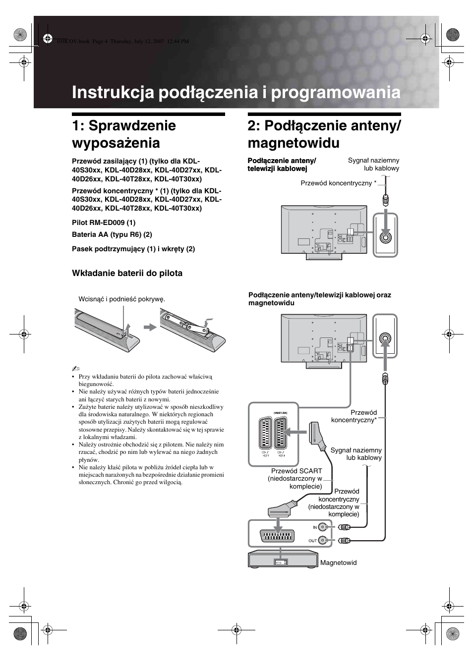 Instrukcja podłączenia i programowania, Sprawdzenie wyposażenia, Podłączenie anteny/ magnetowidu | Sony BRAVIA KDL-32D28xx User Manual | Page 68 / 194