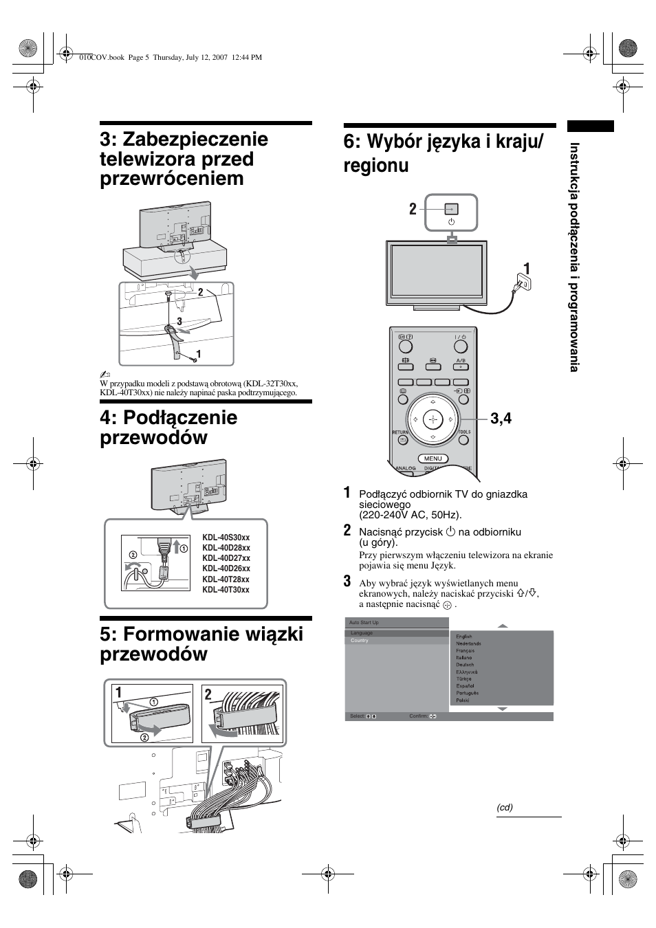 Zabezpieczenie telewizora przed przewróceniem | Sony BRAVIA KDL-32D28xx User Manual | Page 69 / 194