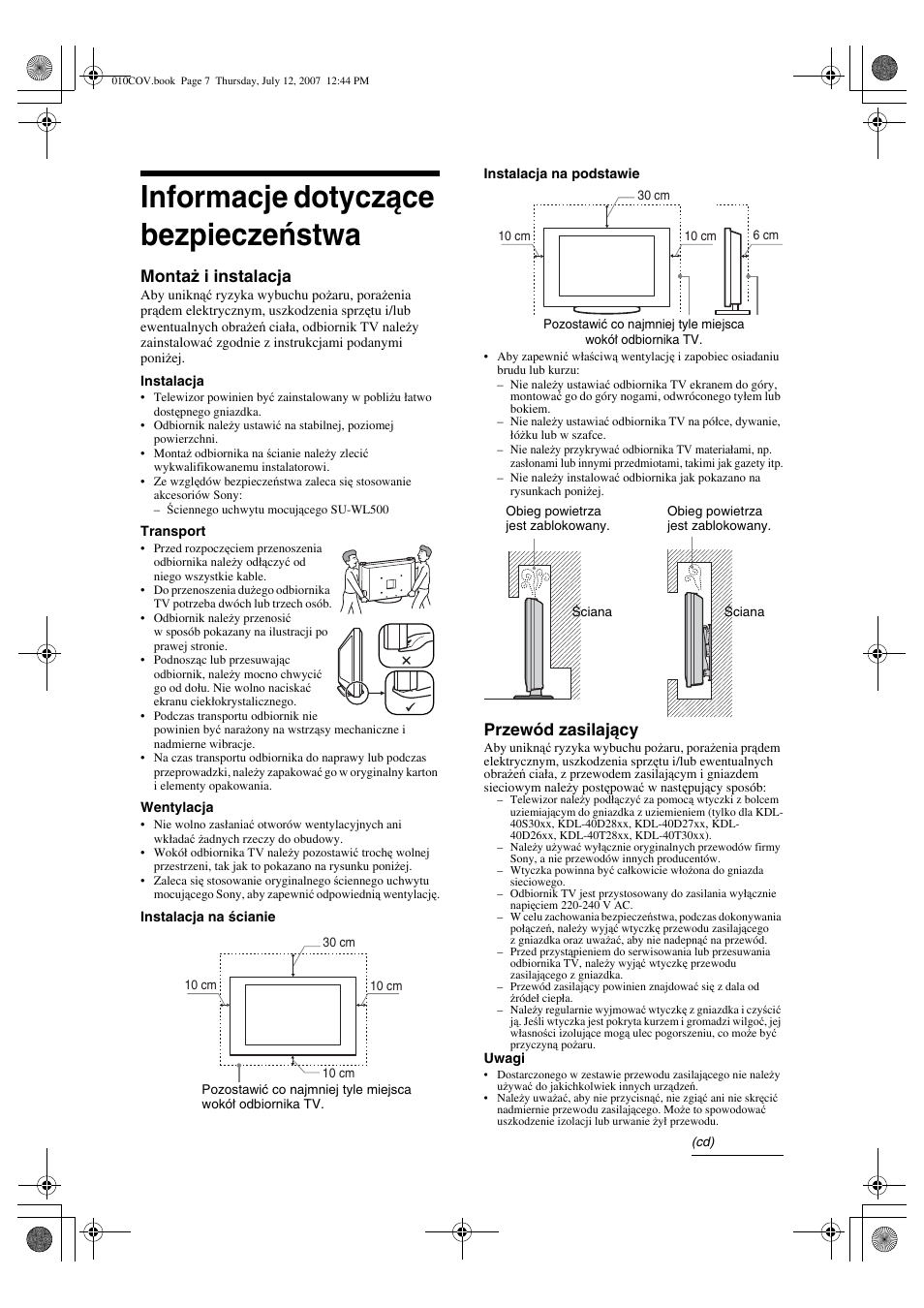 Informacje dotyczące bezpieczeństwa, Montaż i instalacja, Przewód zasilający | Sony BRAVIA KDL-32D28xx User Manual | Page 71 / 194