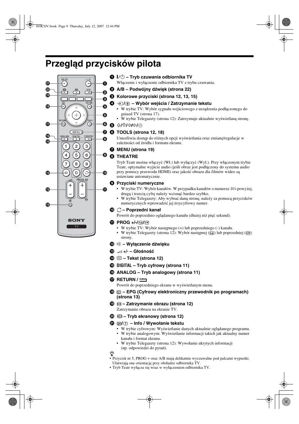 Przegląd przycisków pilota | Sony BRAVIA KDL-32D28xx User Manual | Page 73 / 194