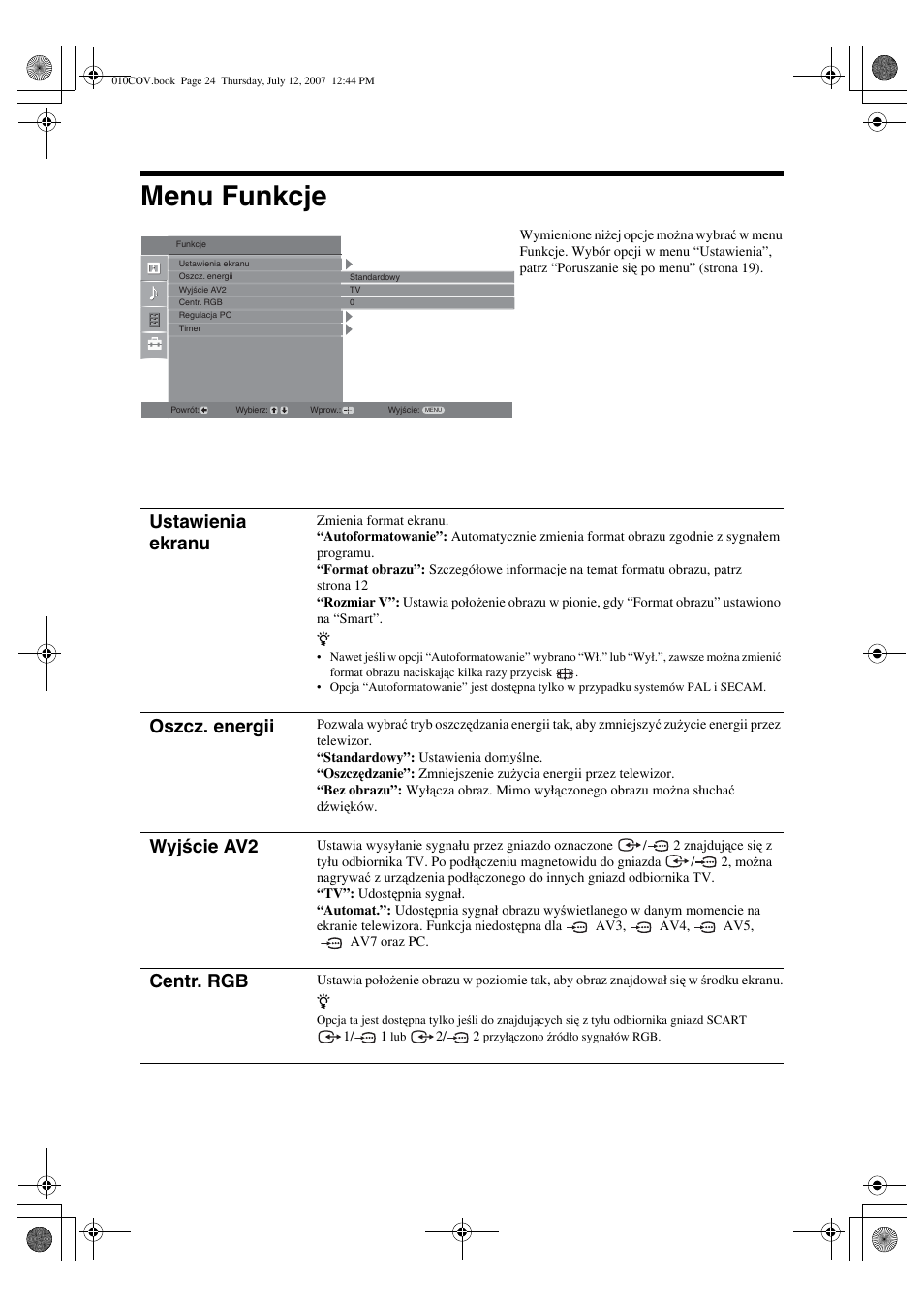 Menu funkcje, Ustawienia ekranu, Oszcz. energii | Wyjście av2, Centr. rgb | Sony BRAVIA KDL-32D28xx User Manual | Page 88 / 194