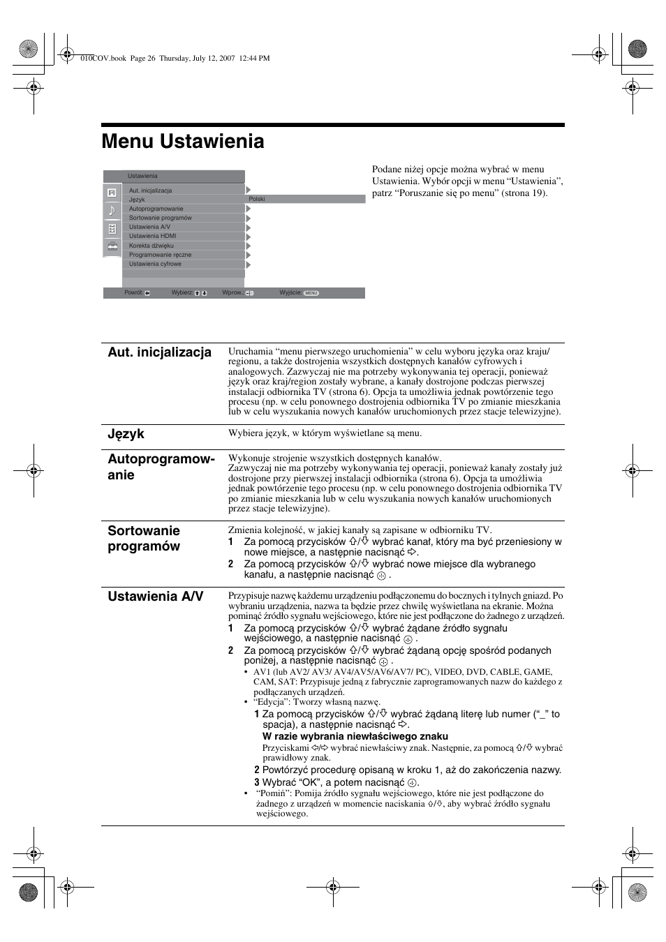 Menu ustawienia, Aut. inicjalizacja, Język | Autoprogramow- anie, Sortowanie programów, Ustawienia a/v | Sony BRAVIA KDL-32D28xx User Manual | Page 90 / 194