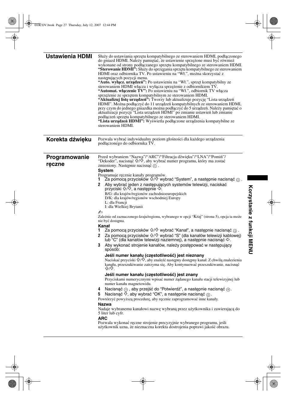 Ustawienia hdmi, Korekta dźwięku, Programowanie ręczne | Sony BRAVIA KDL-32D28xx User Manual | Page 91 / 194