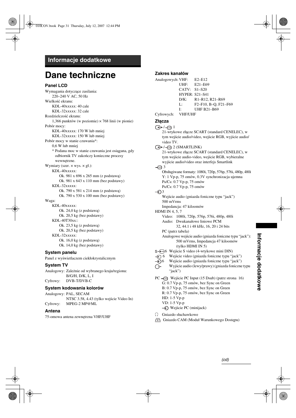 Dane techniczne, Informacje dodatkowe | Sony BRAVIA KDL-32D28xx User Manual | Page 95 / 194