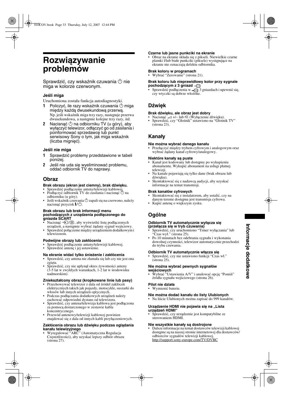 Rozwiązywanie problemów, Informacje dodatkowe, Obraz | Dźwięk, Kanały, Ogólne | Sony BRAVIA KDL-32D28xx User Manual | Page 97 / 194