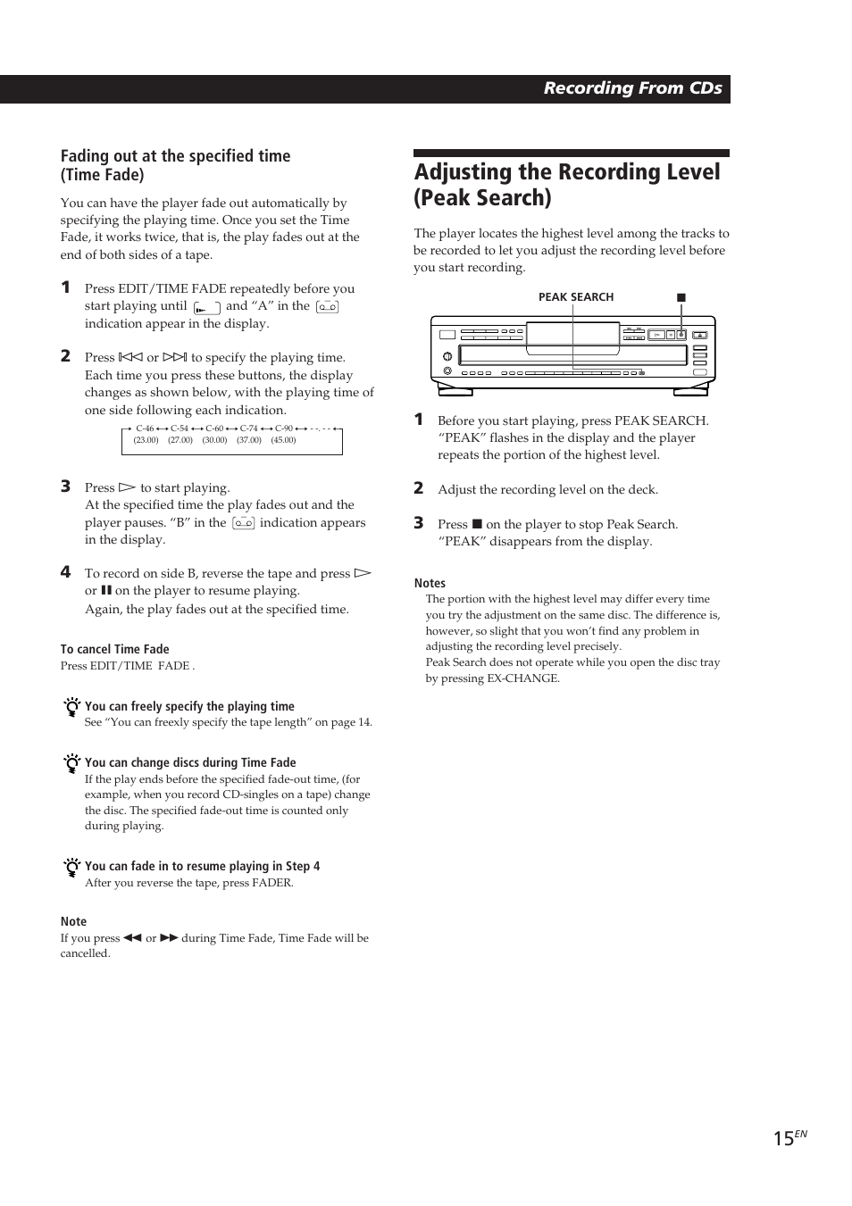 Adjusting the recording level (peak search), Recording from cds | Sony CDP-CE405 User Manual | Page 15 / 78