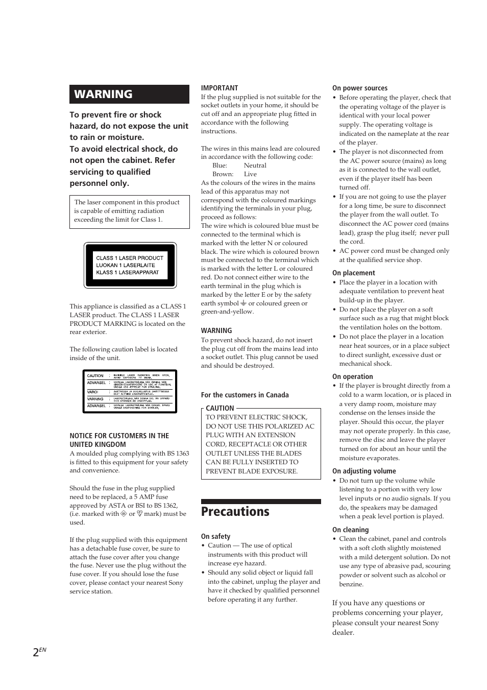 Precautions, Warning | Sony CDP-CE405 User Manual | Page 2 / 78