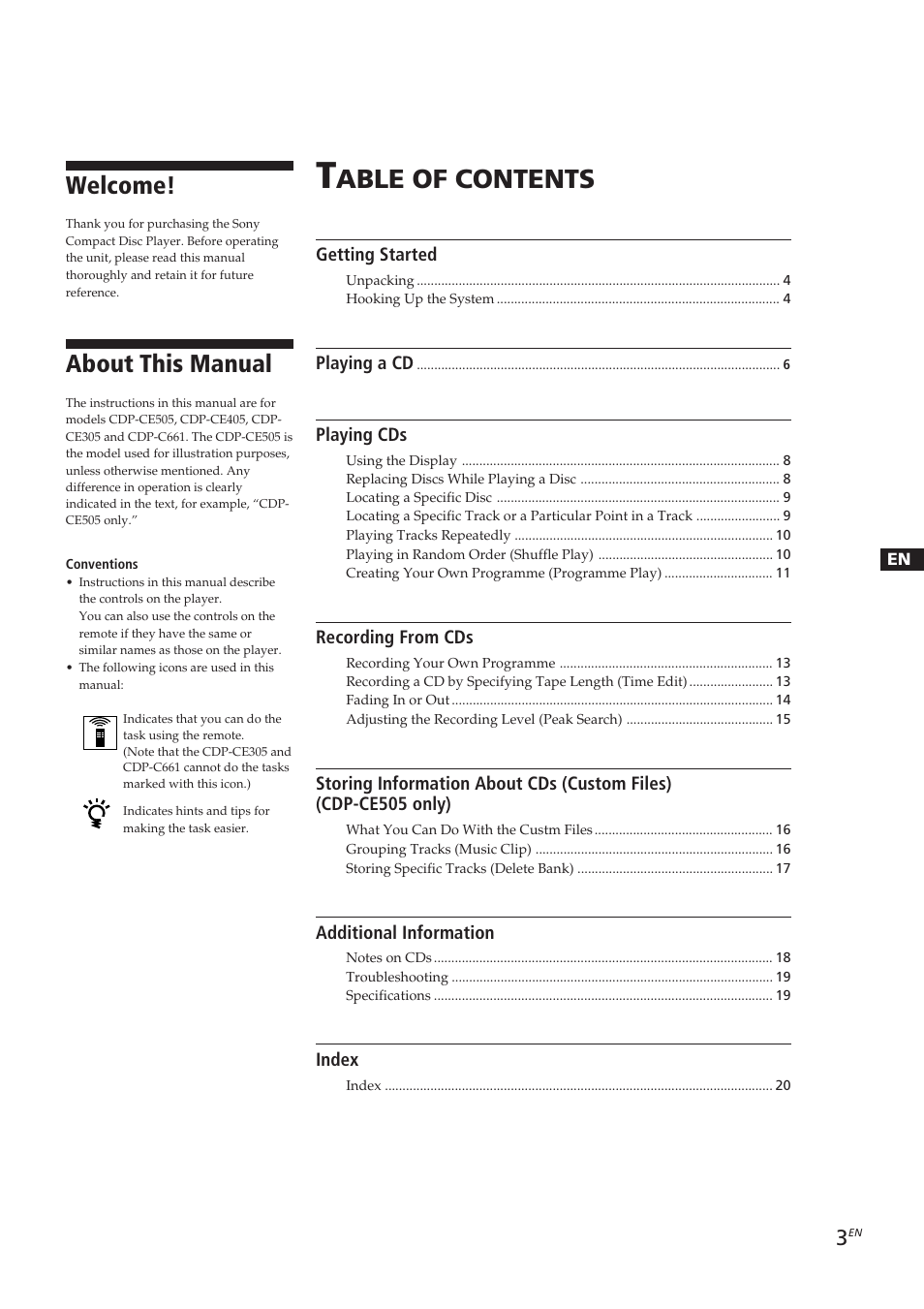 Able of contents, Welcome, About this manual | Sony CDP-CE405 User Manual | Page 3 / 78