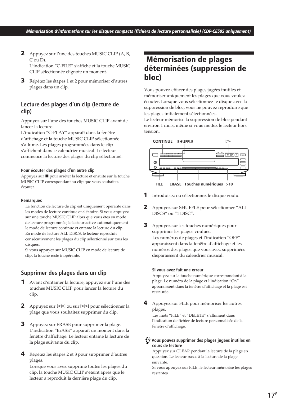 Lecture des plages d’un clip (lecture de clip), Supprimer des plages dans un clip 1 | Sony CDP-CE405 User Manual | Page 36 / 78