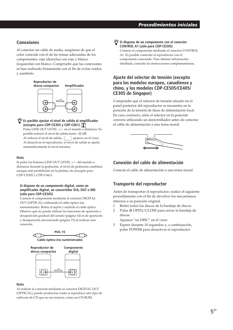 Getting started procedimientos iniciales, Conexiones, Conexión del cable de alimentación | Transporte del reproductor | Sony CDP-CE405 User Manual | Page 43 / 78