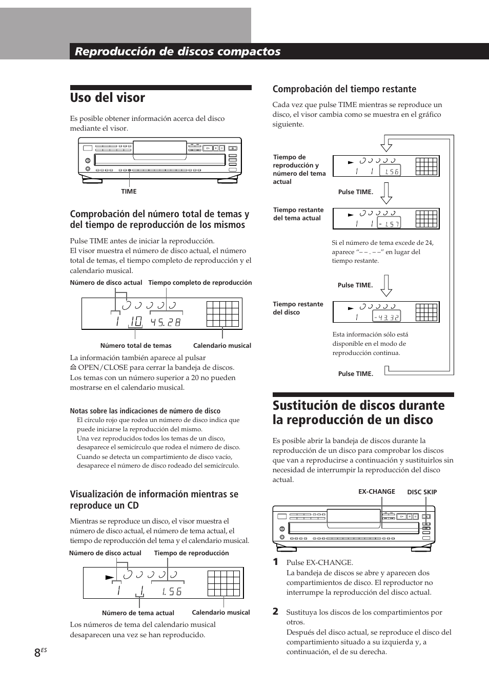 Uso del visor, Reproducción de discos compactos, Comprobación del tiempo restante | Sony CDP-CE405 User Manual | Page 46 / 78