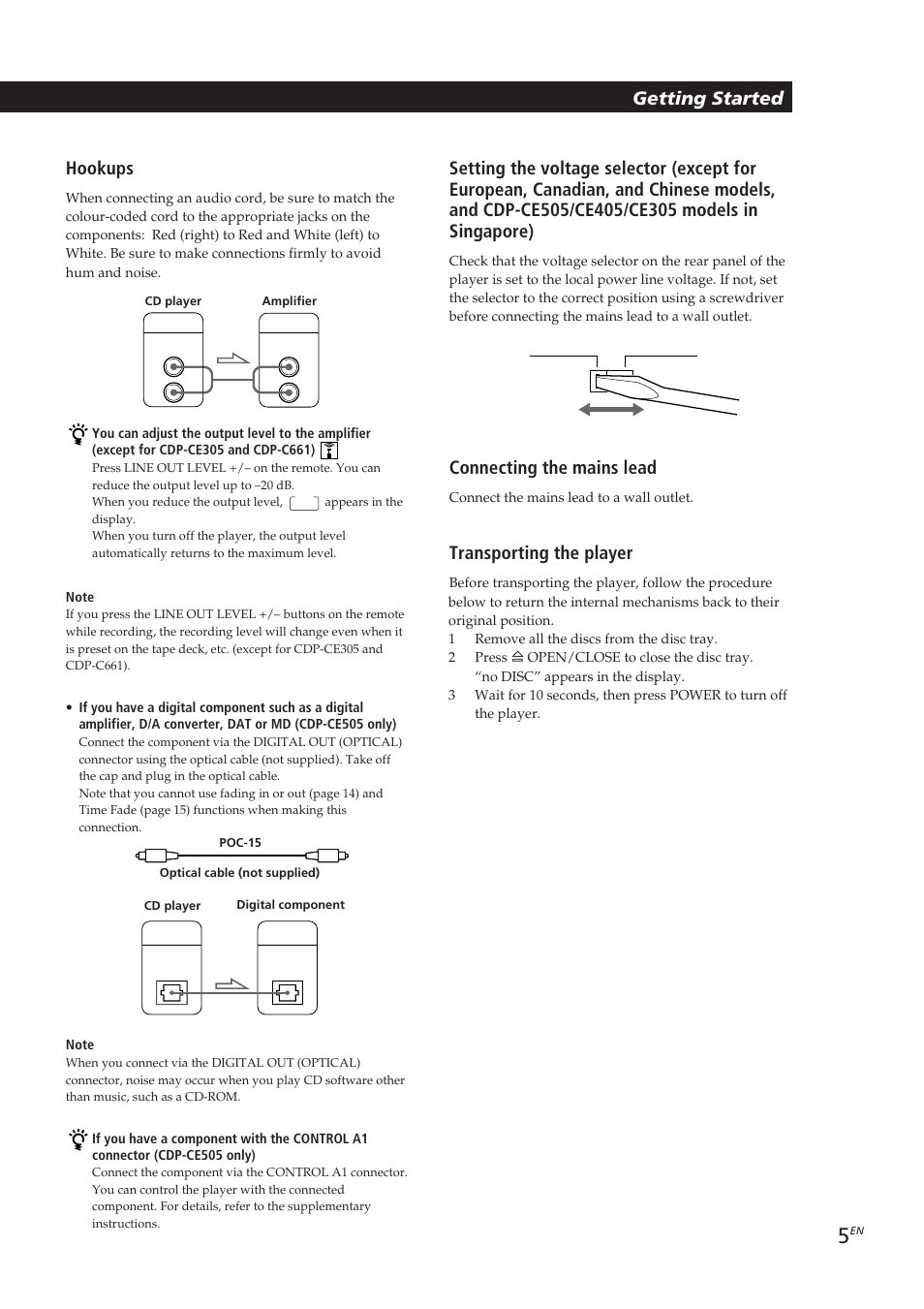 Getting started, Hookups, Connecting the mains lead | Transporting the player | Sony CDP-CE405 User Manual | Page 5 / 78