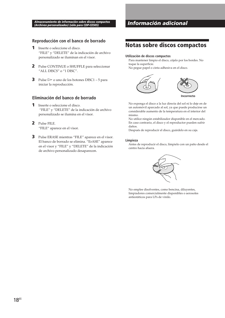 Notas sobre discos compactos, Información adicional, Reproducción con el banco de borrado 1 | Eliminación del banco de borrado 1 | Sony CDP-CE405 User Manual | Page 56 / 78