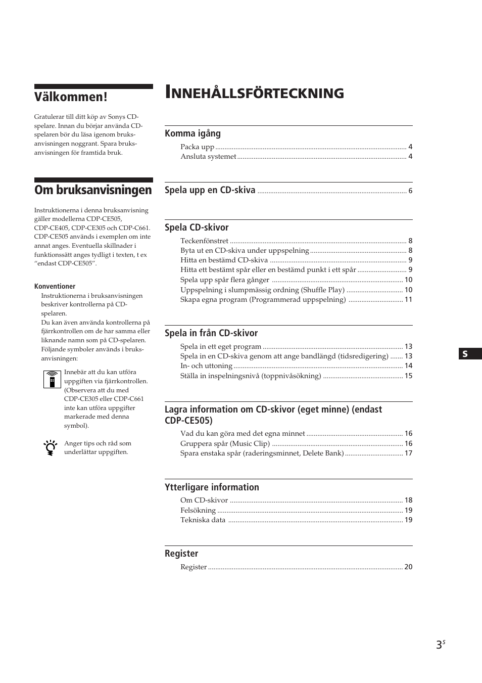 Nnehållsförteckning, Om bruksanvisningen, Välkommen | Sony CDP-CE405 User Manual | Page 60 / 78