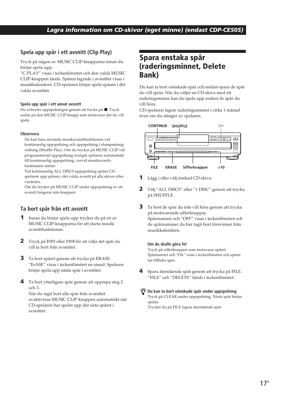 Spara enstaka spår (raderingsminnet, delete bank), Spela upp spår i ett avsnitt (clip play), Ta bort spår från ett avsnitt 1 | Sony CDP-CE405 User Manual | Page 74 / 78