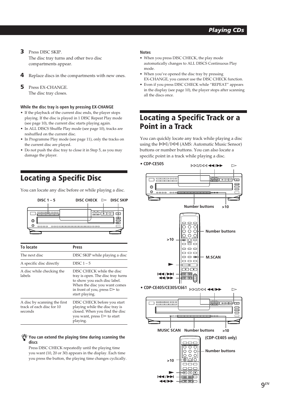 Locating a specific disc, Locating a specific track or a point in a track, Playing cds | Sony CDP-CE405 User Manual | Page 9 / 78