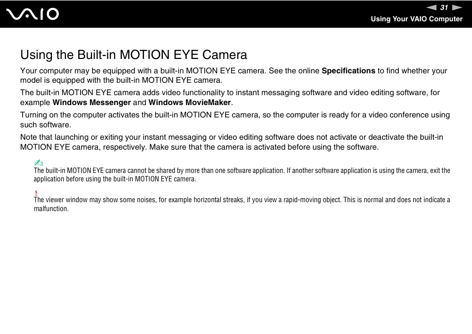 Using the built-in motion eye camera | Sony VGN-SZ300 User Manual | Page 31 / 230