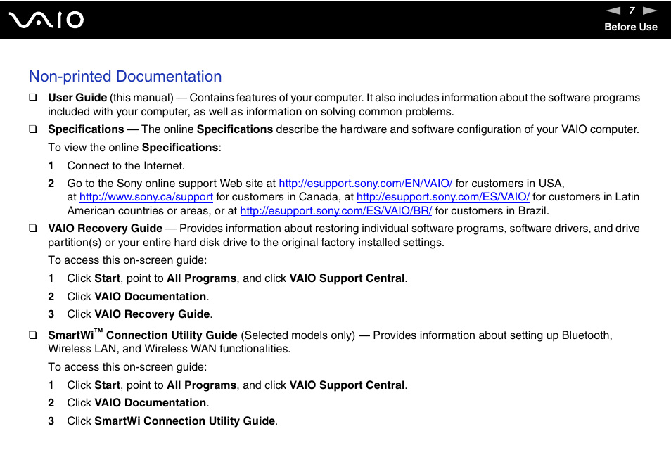 Non-printed documentation | Sony VGN-SZ300 User Manual | Page 7 / 230