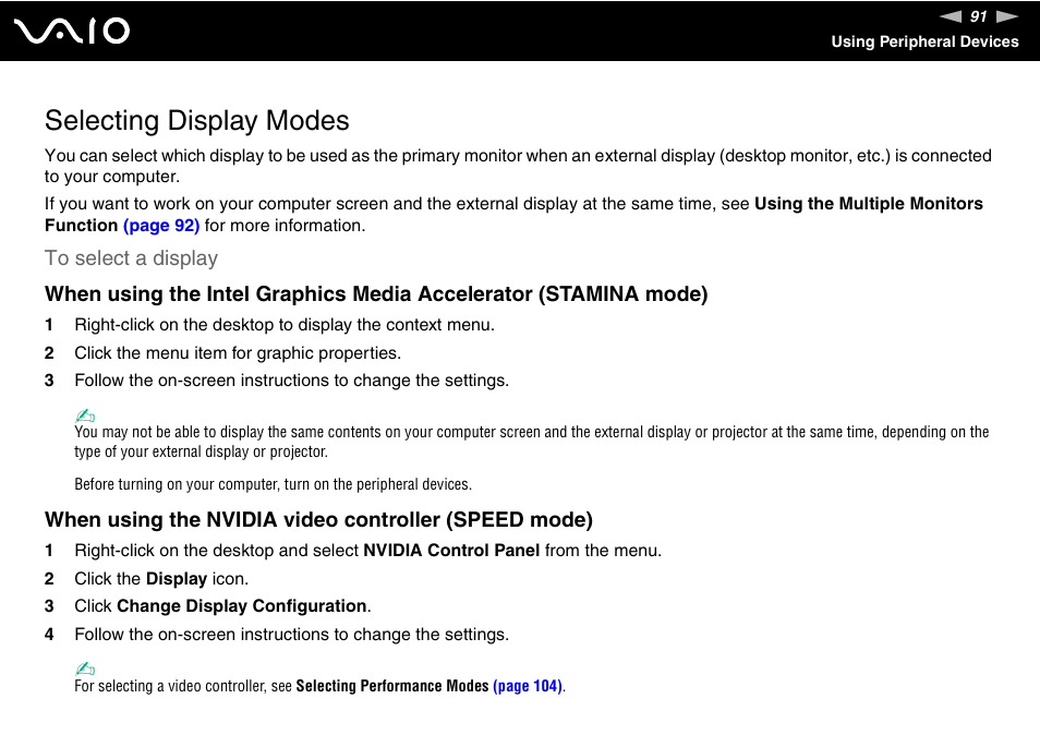 Selecting display modes | Sony VGN-SZ300 User Manual | Page 91 / 230