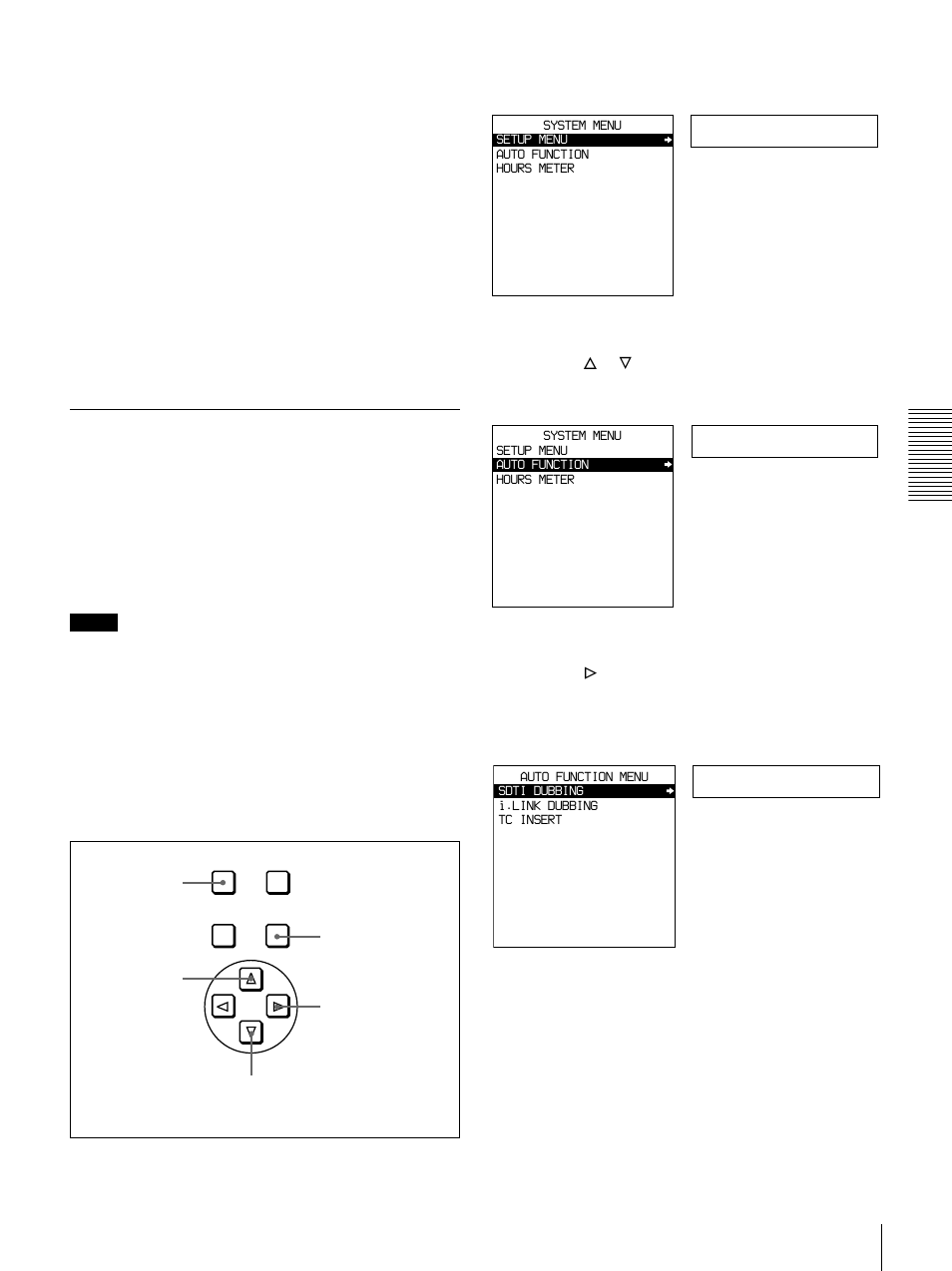 Rerecording the time code—tc insert function, Setup menu, Auto func | Sdti dub | Sony DSR-1500A User Manual | Page 55 / 128