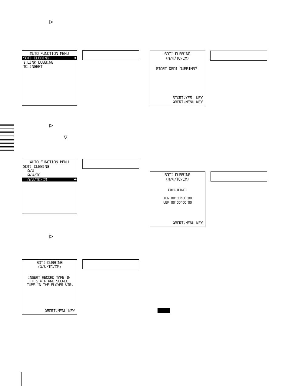 Sdti dub, A/v/tc/cm, Set tape | Start dub, Executing | Sony DSR-1500A User Manual | Page 60 / 128