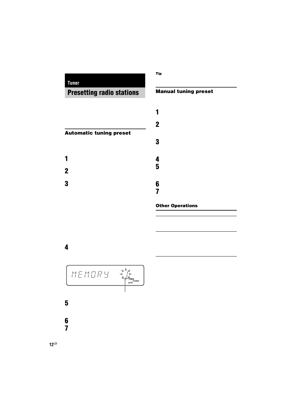 Tuner, Presetting radio stations | Sony CMT-GPX7 User Manual | Page 12 / 36