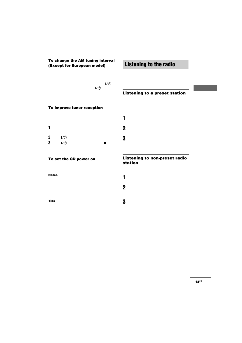 Listening to the radio, Preset tuning, Manual tuning | Preset tuning — manual tuning | Sony CMT-GPX7 User Manual | Page 13 / 36