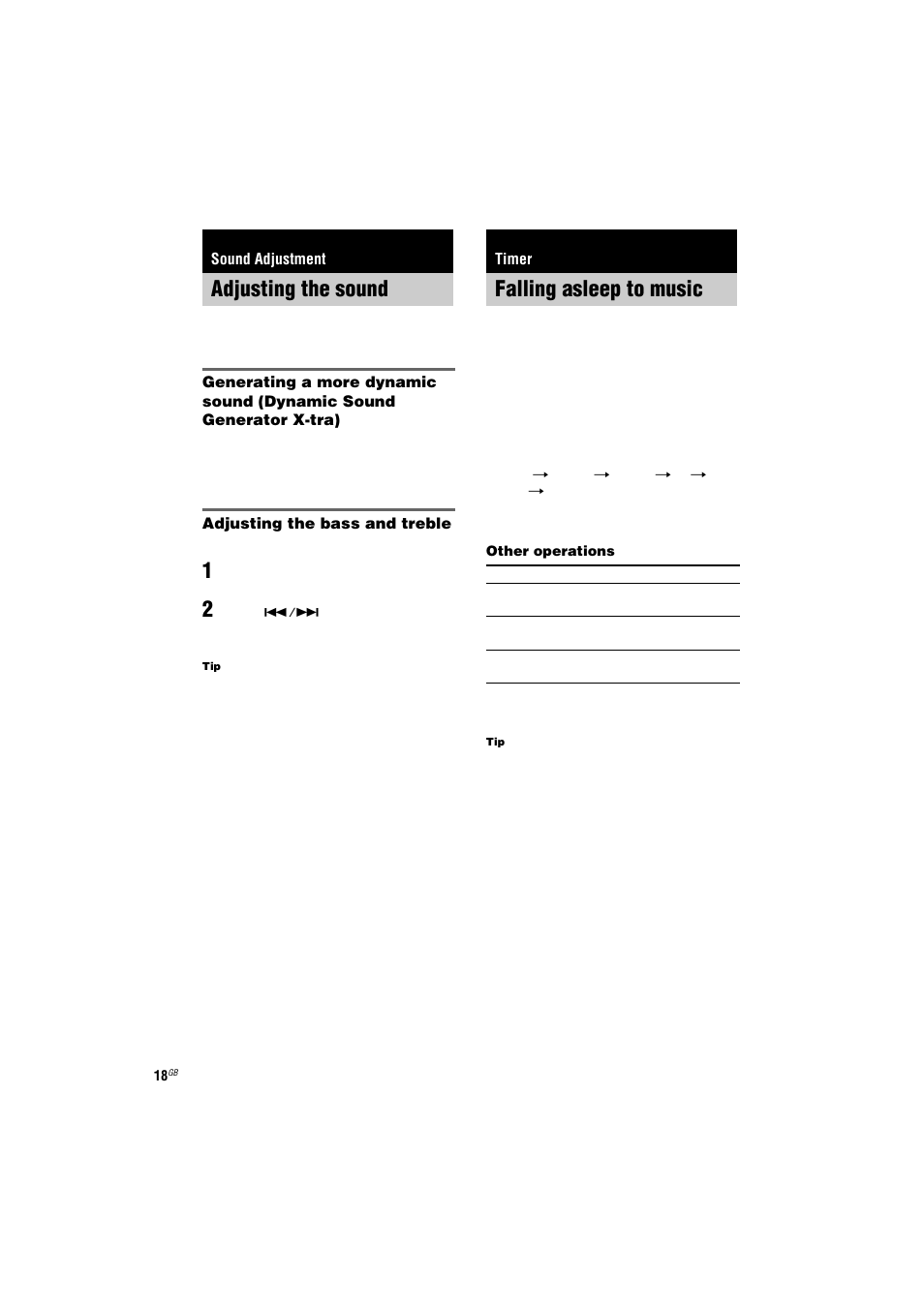 Sound adjustment, Adjusting the sound, Timer | Falling asleep to music, Sleep timer | Sony CMT-GPX7 User Manual | Page 18 / 36