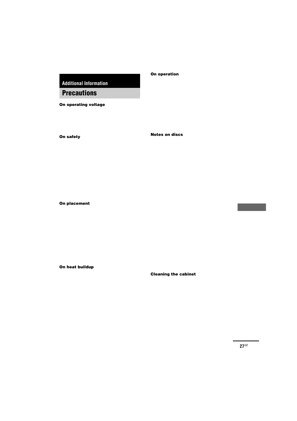 Additional information, Precautions | Sony CMT-GPX7 User Manual | Page 27 / 36