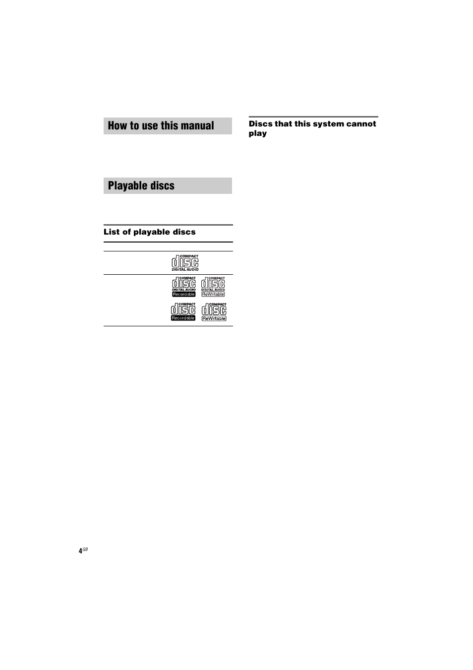 How to use this manual, Playable discs, How to use this manual playable discs | Sony CMT-GPX7 User Manual | Page 4 / 36