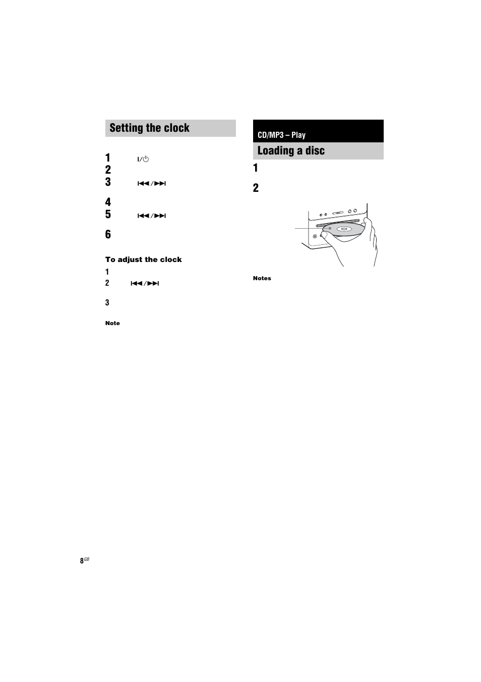 Setting the clock, Cd/mp3 – play, Loading a disc | Sony CMT-GPX7 User Manual | Page 8 / 36