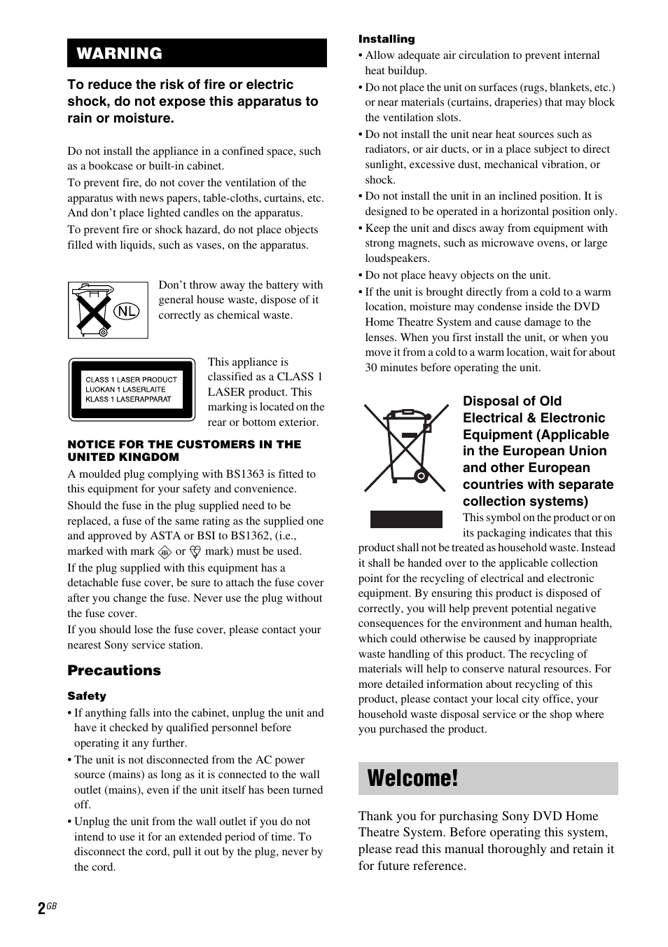 Warning, Welcome | Sony DAV-DZ119 User Manual | Page 2 / 100