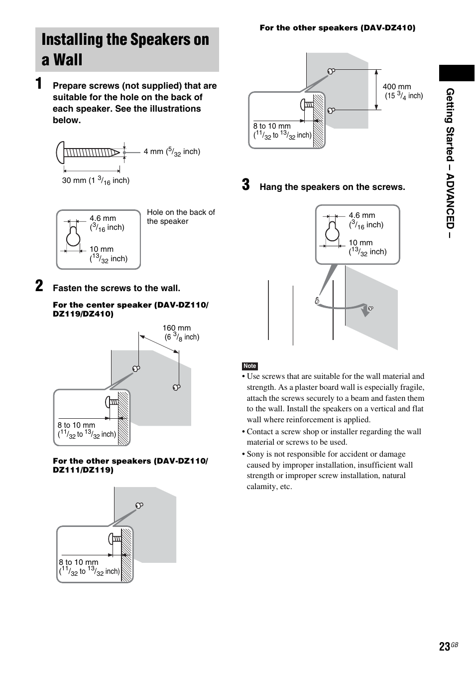 Installing the speakers on a wall, Getting star ted – ad v anced | Sony DAV-DZ119 User Manual | Page 23 / 100