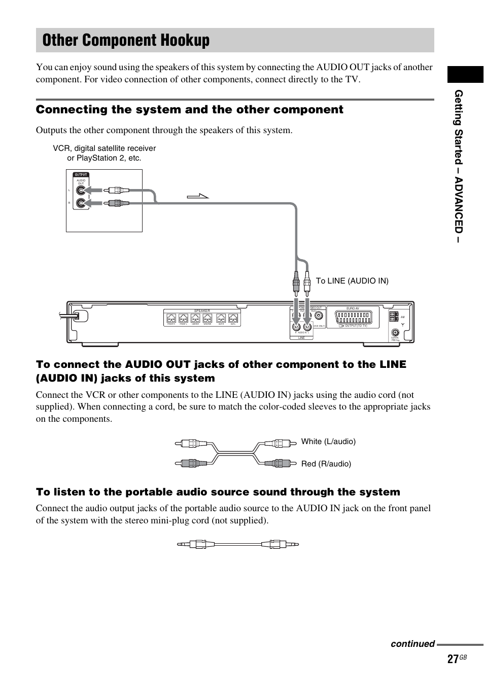 Other component hookup, Connecting the system and the other component, Getting star ted – ad v anced | Continued | Sony DAV-DZ119 User Manual | Page 27 / 100