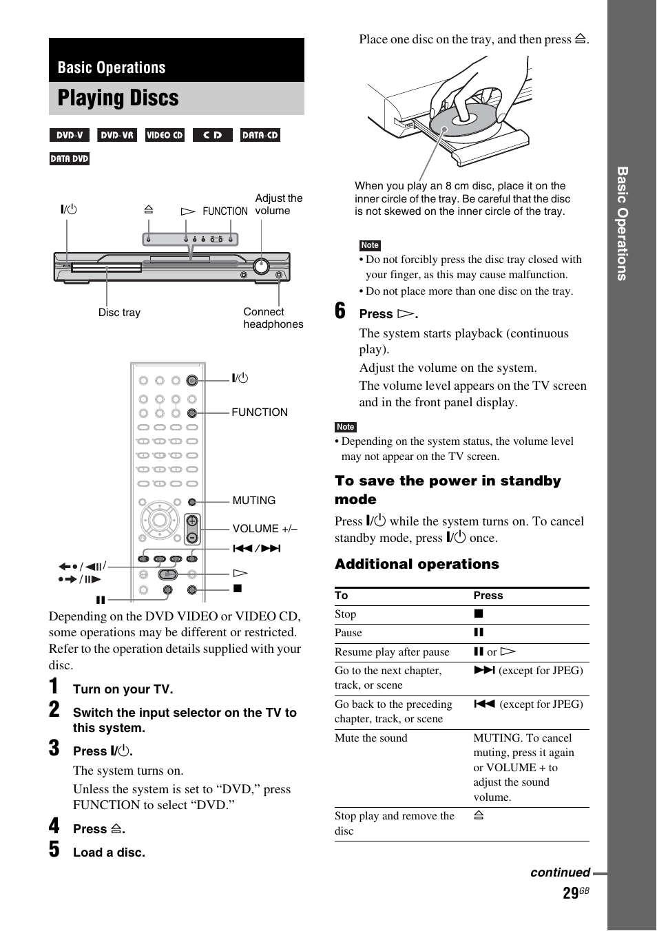 Basic operations, Playing discs | Sony DAV-DZ119 User Manual | Page 29 / 100