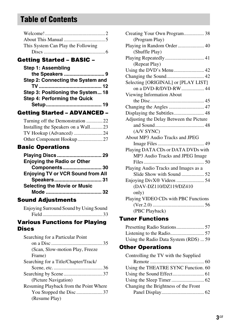 Sony DAV-DZ119 User Manual | Page 3 / 100